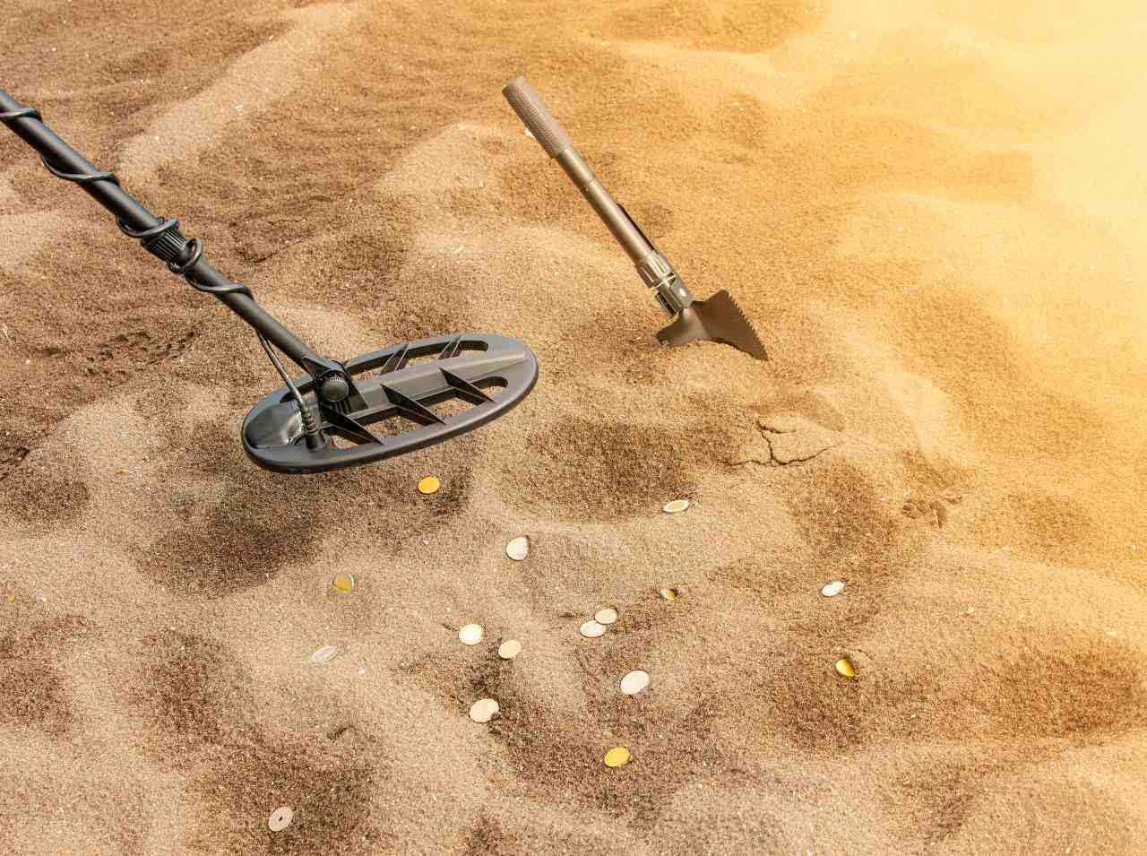 metal detector and a shovel on sand